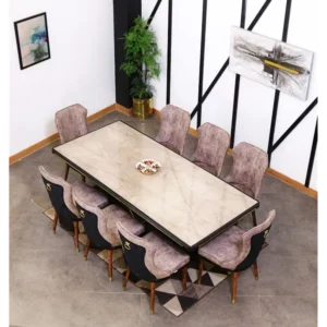 Earth 8-Chair High-Gloss Dining Set with Geometric Base and Golden Accents - Image 4