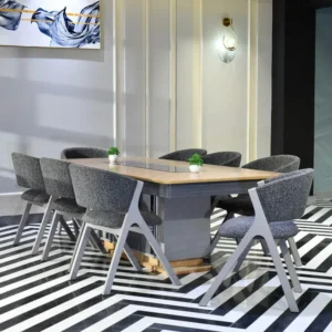 Ella 8-Chair Matt Finish Oak Wood Dining Set with Gray Beveled Glass - Image 3