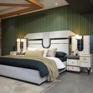 Class Beige & Brown High Gloss Boucle Upholstered Bed Dressing Set - Image 3