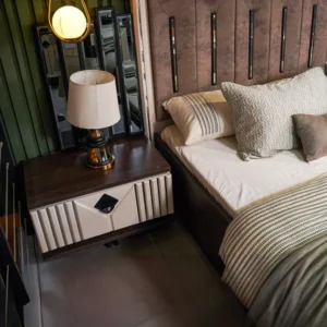 Lotus Luxury Ivory White Velvet Bed Set with PU Matt Finish & Beveled Glass - Image 3