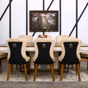 Charlie 8-Chair Antique Polish Oak Wood Dining Set with Inlay Work - Image 4