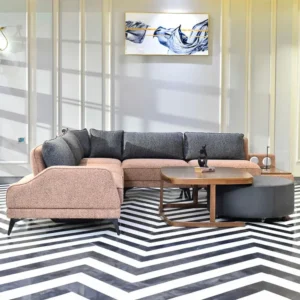 Turkish Modern Convertible L-Corner Sofa in Brown & Blue Boucle - Image 4