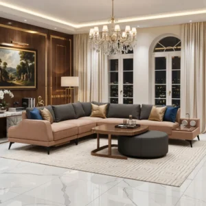 Turkish Modern Convertible L-Corner Sofa in Brown & Blue Boucle - Image 6